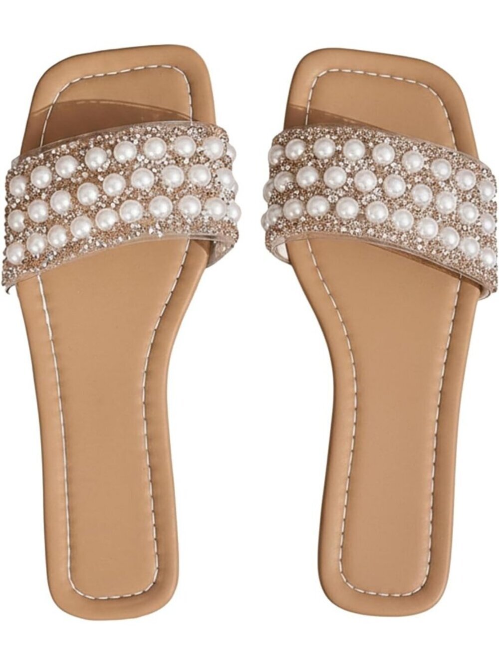 Women Apricot Sparkly Square Toe Rhinestone Jeweled Flat Pearl Boho Summer Shoes